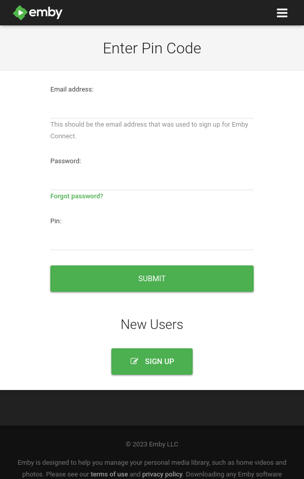 Emby Sign Up / Pin